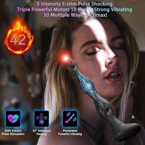Domlust Dildos Anal Toys Vibrator - 10 Vibrating Anal Beads With E-Stim Shock Heat 50 Multiple Sexual Wellness. 7.87-Inch Deep Anal Plug Male Sex Toys & Women G-Spot Adult Toys For Unisex Black. - Image 2