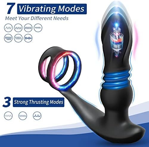 Vibrating Prostate Massager Thrusting Anal Vibrator Male Sex Toys With Dual Cock Rings, Remote Control Prostate Stimulor Toys Anal Plugs 3 Thrusting Speeds & 7 Vibration Modes For Men Women Black - Image 2