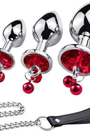 Anal Plug Trainer Kit, 3 Pcs Metal Anal Butt Plugs, Jewelry Anal Trainer Toys With Bell And Traction Chain For Beginners Advanced Users (Red)