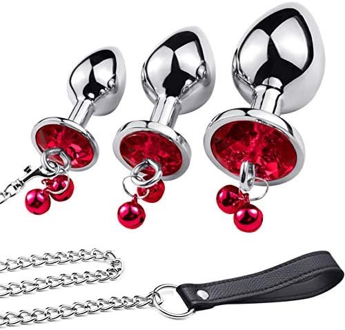 Anal Plug Trainer Kit, 3 Pcs Metal Anal Butt Plugs, Jewelry Anal Trainer Toys With Bell And Traction Chain For Beginners Advanced Users (Red)