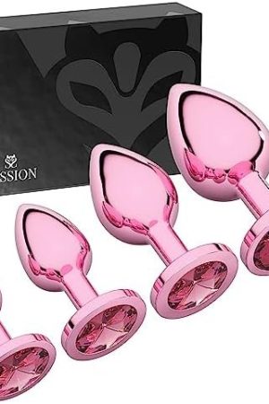 Session Jewel Butt Plug Beginner 4 Piece Set - Extra Small, Small, Medium, Large - Wide Base Prevents Slippage - Metal Anal Sex Adult Toy For Men & Women - Pink & Pink - Circle Shaped Charm