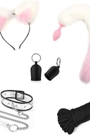 Cosplay Flirt Animal Tail Set/Anal Plug Fox Tail Female Sex Toy/Ear Hairpin/Breast Pump/Butt Plug-Pink