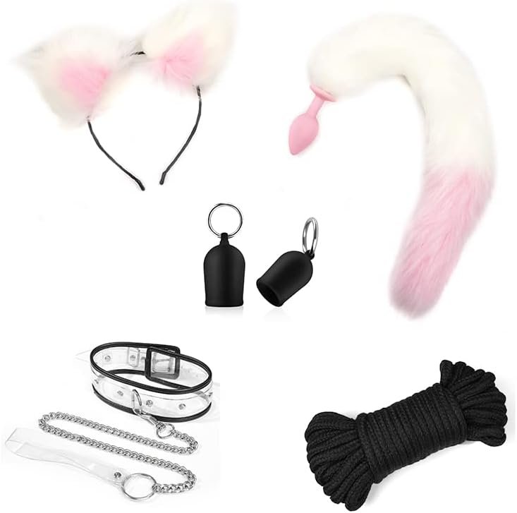 Cosplay Flirt Animal Tail Set/Anal Plug Fox Tail Female Sex Toy/Ear Hairpin/Breast Pump/Butt Plug-Pink
