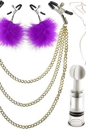 Jesakmie Nipple Toys, Nipple Clamp Set With Body Chain Jewelry Set, Purple Feather Non Piercing Nipple Breast Clips For Women Couple