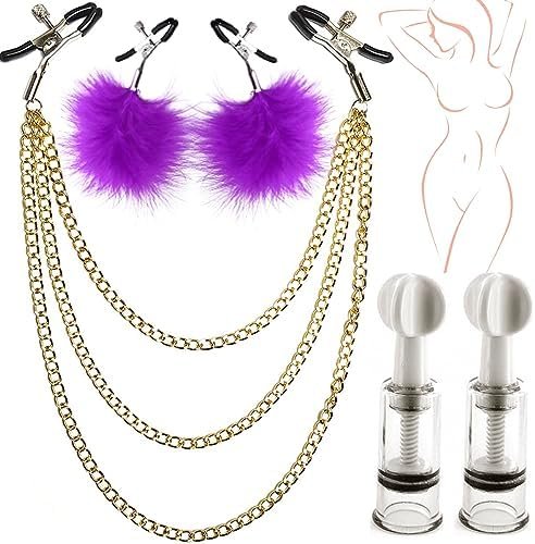 Jesakmie Nipple Toys, Nipple Clamp Set With Body Chain Jewelry Set, Purple Feather Non Piercing Nipple Breast Clips For Women Couple