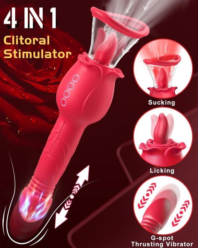 Rose Sex Toys For Women - 3In1 Rose Sex Toy Vibrator With 2 Sucking Cups, Clitoral Nipple Vibrators With 7 Tongue Licking & 3 Thrusting G Spot Dildo, Adult Sex Toys Woman Sex Machine - Image 2