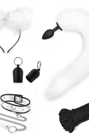 Cosplay Flirt Animal Tail Set/Anal Plug Fox Tail Female Sex Toy/Ear Hairpin/Breast Pump/Butt Plug-White