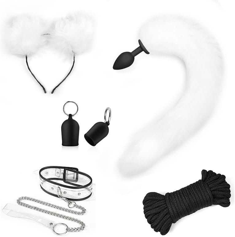 Cosplay Flirt Animal Tail Set/Anal Plug Fox Tail Female Sex Toy/Ear Hairpin/Breast Pump/Butt Plug-White