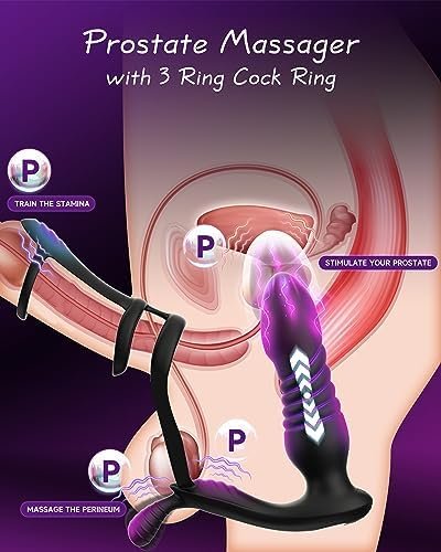Anal Sex Toys For Men Prostate Massager 3 Ring Vibrating Cock Ring,Anal Plug Male Sex Toy With 10 Thruting & 10 Vibrating Modes,Remote Control G-Spot - Image 2