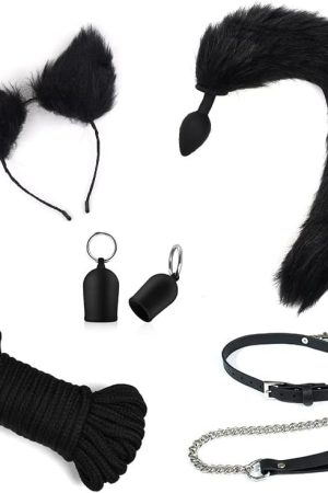 Cosplay Flirt Animal Tail Set/Anal Plug Fox Tail Female Sex Toy/Ear Hairpin/Breast Pump/Butt Plug-Black