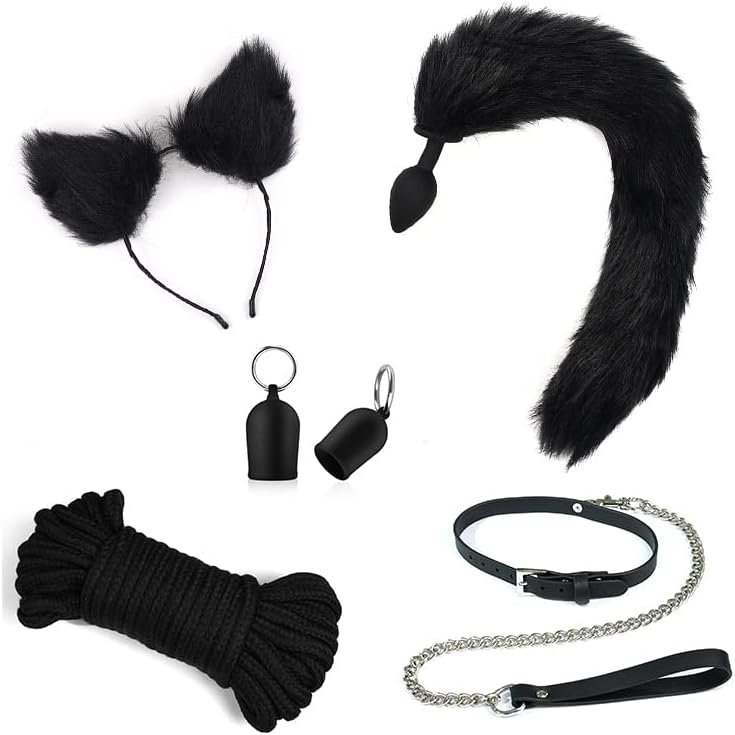 Cosplay Flirt Animal Tail Set/Anal Plug Fox Tail Female Sex Toy/Ear Hairpin/Breast Pump/Butt Plug-Black