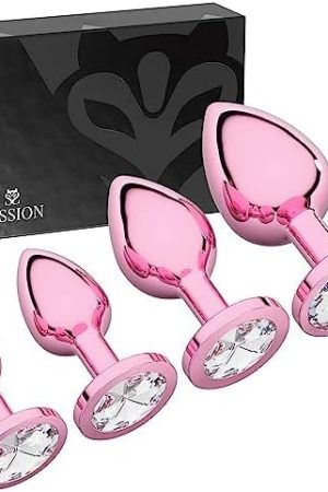 Session Jewel Butt Plug Beginner 4 Piece Set - Extra Small, Small, Medium, Large - Wide Base Prevents Slippage - Metal Anal Sex Adult Toy For Men & Women - Silver & Pink - Circle Shaped Charm