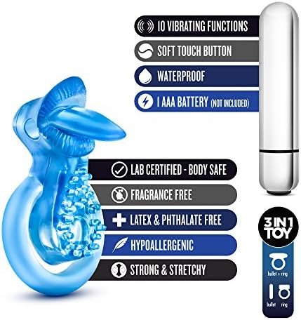 Blush Stay Hard 10 Function 3 In 1 Stimulating Aaa Battery Powered Fragrance Free Vibrating Tongue Ring C Ring With Bullet - Easy Cleaning Ipx7 Submersible Waterproof - Sex Toy For Men Couples - Blue - Image 2