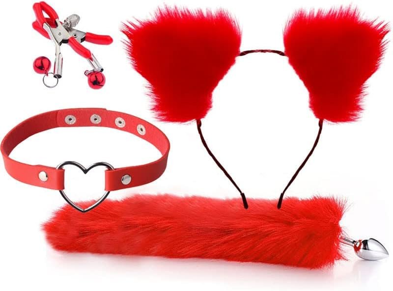 Women'S Fetish Restraint Bdsm Faux Fur Cat Ears Hair Anal Plug Tail Sex Toys For Sm Cospaly Party Accessory (Pink)