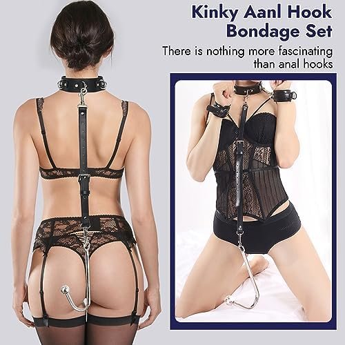 Anal Hook Sex Bondage Restraints Handcuffs Collar, 2-Layer Leather Strap Bdsm Kit, Kinky Fetish Anal Sex Toy, Neck To Wrist Cuffs Sex Game - Image 3