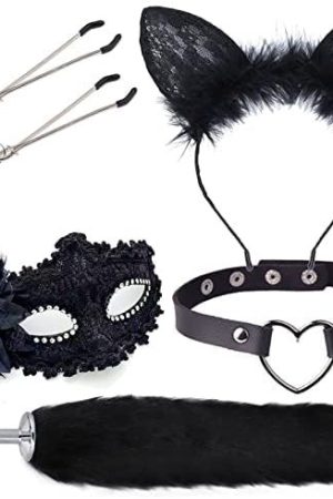 Anal Plug Butt Plug Adult Sensory Toys, 4Pcs/Set Fox Tail Anales Plug Toys With Cat Ears Headband And Necklace Metal Breast Clip Anal Sex Toys For Women Men Beginners Adult Couples Bondage, White