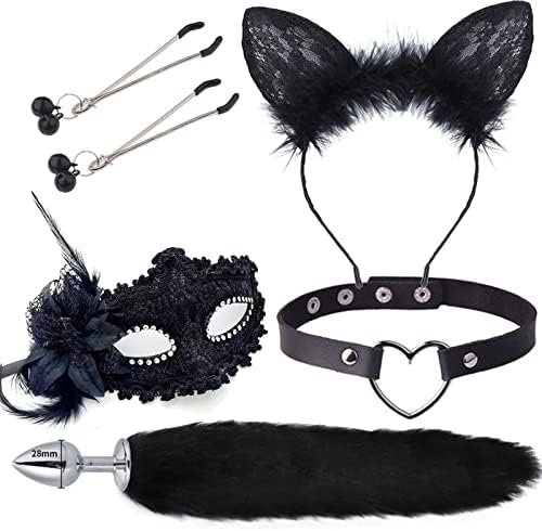 Anal Plug Butt Plug Adult Sensory Toys, 4Pcs/Set Fox Tail Anales Plug Toys With Cat Ears Headband And Necklace Metal Breast Clip Anal Sex Toys For Women Men Beginners Adult Couples Bondage, White