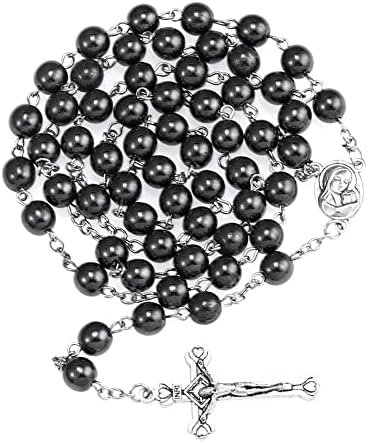Oemoo Rosary Beads Catholic For Men, Hematite Rosary Black Stone Beads, Alloy Crucifix Rosary Necklace, Christian Gifts Catholic Gifts
