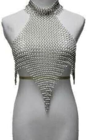 Chainmail Bikini Silver Aluminium 10MM Round Butted Rings Chain mail Top Crop Halter Top Lingerie For Sexy Women & Girls Fantasy Halloween Nerd Cosplay Costume (Anodized)