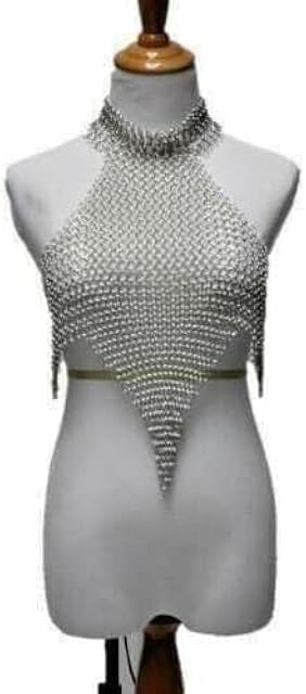 Chainmail Bikini Silver Aluminium 10MM Round Butted Rings Chain mail Top Crop Halter Top Lingerie For Sexy Women & Girls Fantasy Halloween Nerd Cosplay Costume (Anodized)