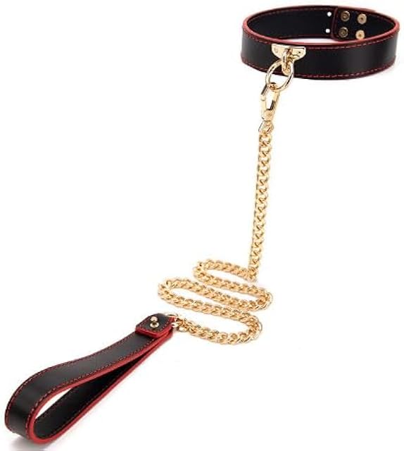 Leather Collars Harness with Gold Chain Leash Gothic Necklace BDSM Slave Bondage Collar Adjustable Fetish Adult Sex Toys for Men Women Couples SM Game Bedroom Party Nightclub