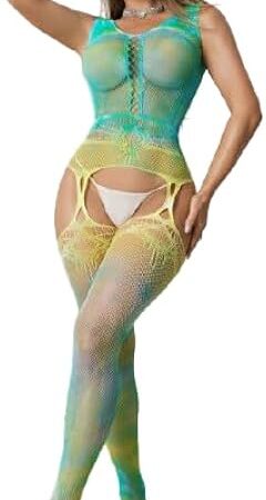 Womens Fishnet Bodysuit gradient color Hollow Out Lace Lingerie Slimming Sleeveless Fishnet Bodystocking Mesh Lingerie for Party