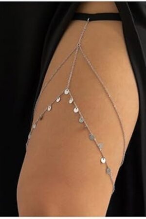 Boho Gold Silver Tassel Sequins Body Chain Layered Leg Chains Beach Nightclub Body Accessories Sexy Black Elastic Leg Jewelry for Women (Silver)