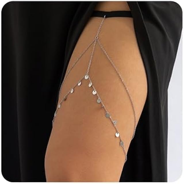 Boho Gold Silver Tassel Sequins Body Chain Layered Leg Chains Beach Nightclub Body Accessories Sexy Black Elastic Leg Jewelry for Women (Silver)