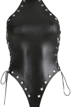 Black Faux Leather Spandex Bodysuit Lace Up with Metal Buckle Leotard Lingerie for Women&