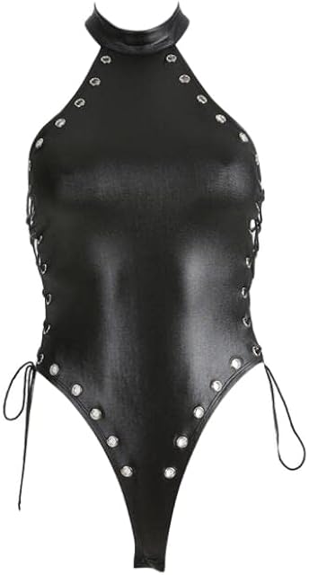Black Faux Leather Spandex Bodysuit Lace Up with Metal Buckle Leotard Lingerie for Women&