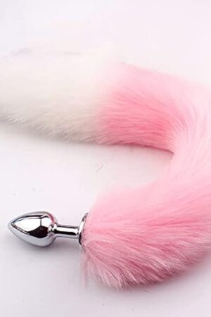 Furry Tail Smooth Metal Anal Butt Plug Pink and White Long Fox Bunny Adult Toy