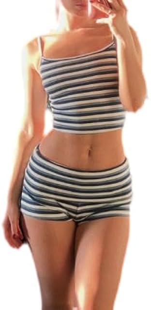 Women Striped 2 Piece Shorts Pajama Set Sexy Sleeveless Cami Top Mini Short Lounge Set Summer Y2k Two Piece Sleepwear