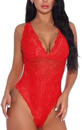 dream love Women Snap Crotch Lingerie Sexy Lace Bodysuit Deep V Teddy Sleepwear One Piece Lace Babydoll S-XXL