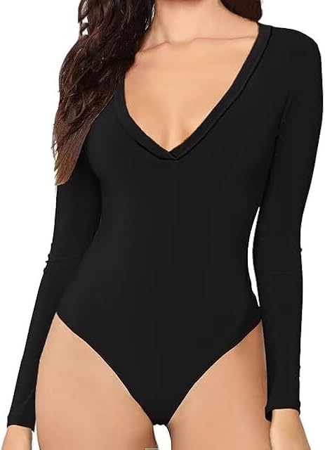 Women Sexy Deep V Neck Bodysuit Casual Long Sleeve Bodysuits Slim Fit Thong Clothes