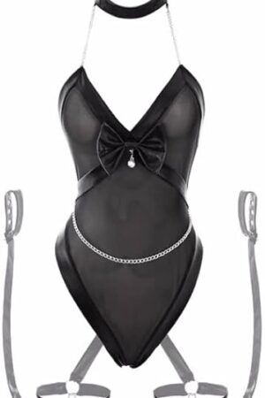 Womens Sexy Mesh Patchwork Leather Bodysuit With Wrist And Leg Ring See-through Deep V Low-cut Jumpsuit Halter Slave Maid Outfit Slave Maid Outfit Black