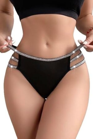 Women's Sexy Glitter Cut Out Thongs Underwear Hollow Out Low Waist Cotton Cheeky Seamless Lingerie Panty