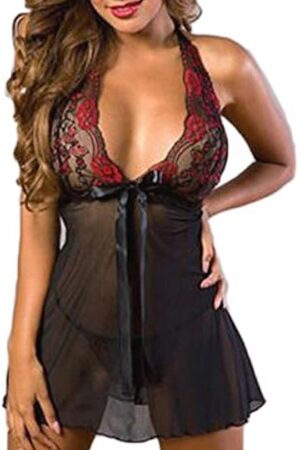 Women's Lingerie Babydoll Dress, Red Lace and Black Sheer Mesh, Halter Neckline