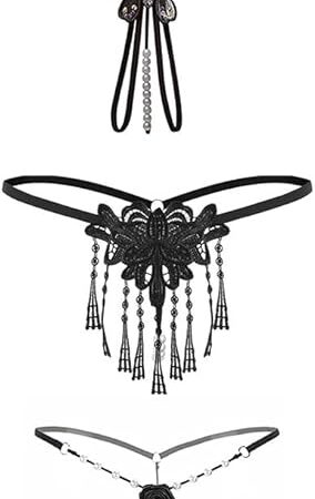 3PCS-Women's Sexy Pearl Tassel Lace Hollow Pendant Sexy Mini T-Shaped Underwear