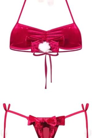 Women Christmas Cosplay Outfit Cute Bow Bra and Panty Set Velvet Sexy Santa Babydoll Lingerie Self Tie Strappy Bikini