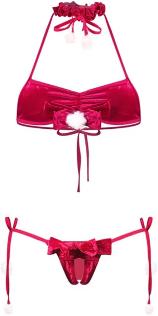 Women Christmas Cosplay Outfit Cute Bow Bra and Panty Set Velvet Sexy Santa Babydoll Lingerie Self Tie Strappy Bikini