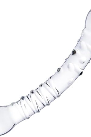 95" Glass Double-Ended Clear Dildo, Pleasure Wand with Ribbed and Dotted Texture, Crystal Curved Dual-Headed Transparent Dildo, G-Spot and Prostate Massager Anal Plug, Dual Toy for Men and Women