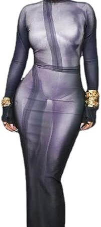 Y2K 3D Body Print Maxi Dress Women Aesthetic Long Sleeve Unique Sexy Body-Shaping Robe Party Clubwear Clothing