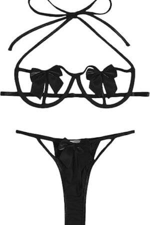 Women Sexy Lingerie Halter Bra and Panty Sets for Women Cute Bow Tie Strappy Babydoll Sleepwear Christmas