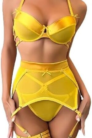 Bright Yellow High Waist Lingerie Set, Lace Embroidered, Strapless Gown, Push-Up Bra