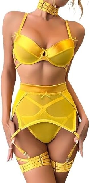 Bright Yellow High Waist Lingerie Set, Lace Embroidered, Strapless Gown, Push-Up Bra