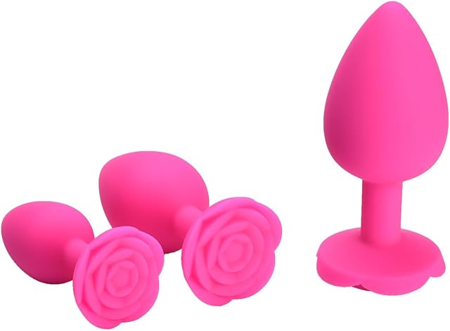 Anal Butt Plug Rose Sex Toy, 3Pcs Silicone Anal Plugs Training Set,Training Set with Flared Base Prostate Sex Toys for Beginners Advanced Users-Pink