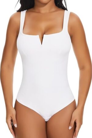 Women's Notch V Square Neck Sleeveless Bodysuit Tank Tops Tummy Control Shapewear Thong Body Suits Double Lined
