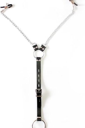 Honeypleasures Adjustable Nipple Clamps and Cock Ring Chain Set for Men, PU Leather