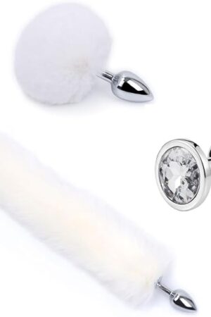 3pcs Multi-Function Fox Tail Fur Anal Butt Plug Fluffy Bunny Tail Sex Toys for Couples Adults Stainless Steel Plug,White