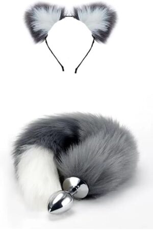 Gray Tail Anal Plug Sexual Set, Sex Toy of Butt Plug with Tail for Cosplay (Wolf Tail & Ear, Small)